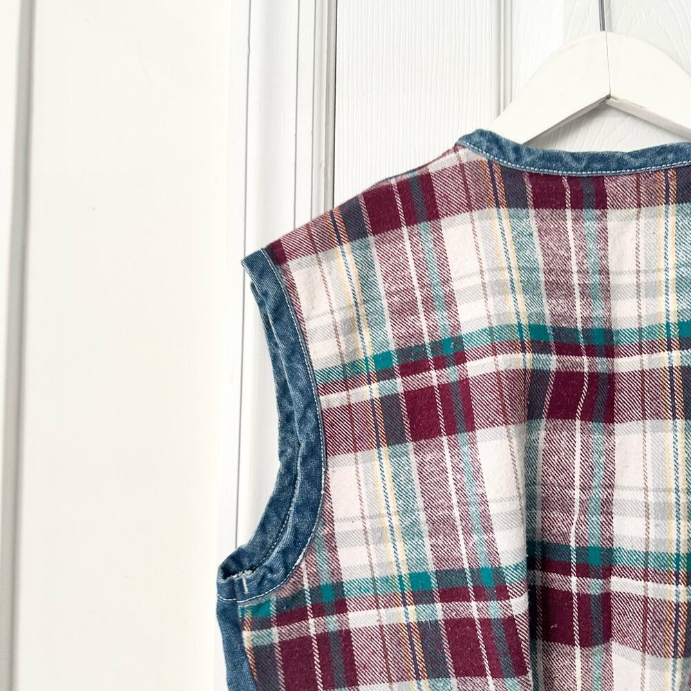 Metro Express Vintage Denim Chambray Red Plaid Flannel Back Button Vest L 14/16 - Picture 8 of 12